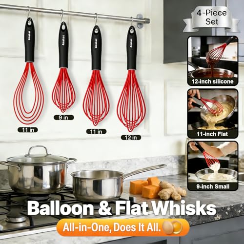 Silicone Kitchen Whisk Set of 4 (9+11+12 &11 inch / 4 Pcs Red)