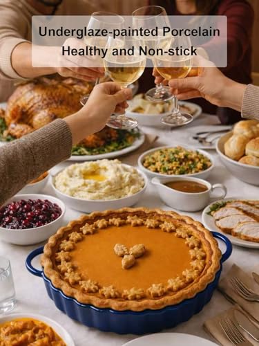 10×2in Deep Ceramic Pie Pan with Handles for Pie Quiche Tart Baking. Easy to grip (Blue / 10IN*2IN)