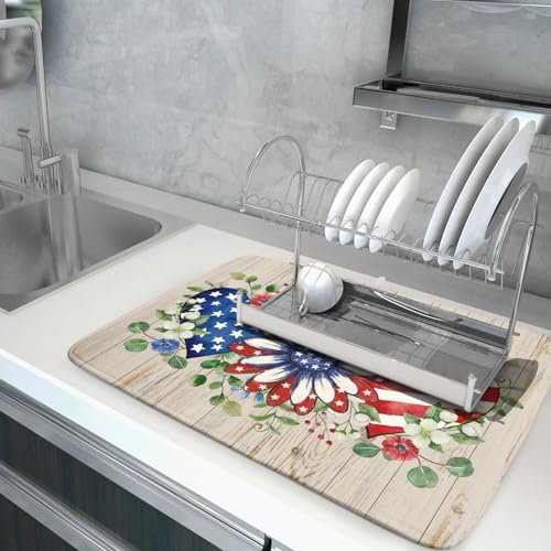 Independence Day Dish Drying Mat 18x24 inch Patriotic Love Heart Fast Dry Microfiber Dishes Drainer Rack Pad Kitchen Counter Accessories (Patriotic Floral Heart / 18" x 18")