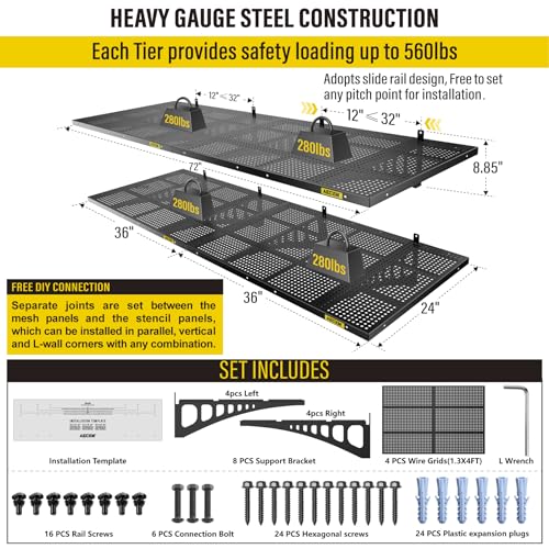 4 Pack 2x3ft Adjustable Garage Wall Shelving 1120lbs Load Capacity Heavy Duty Wall Mounted Storage Shelf Metal Floating Shelves for Garage (4pack-2x3ft / Black)