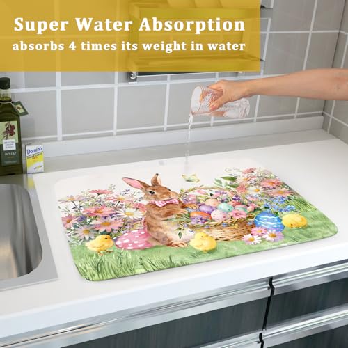Easter Rabbit Eggs Dish Drying Mat for Kitchen Counter 18x24 Inch Spring Flowers Large Microfiber Dish Drainer Rack Mats (Colorful Easter Bunny / 24" x 18")