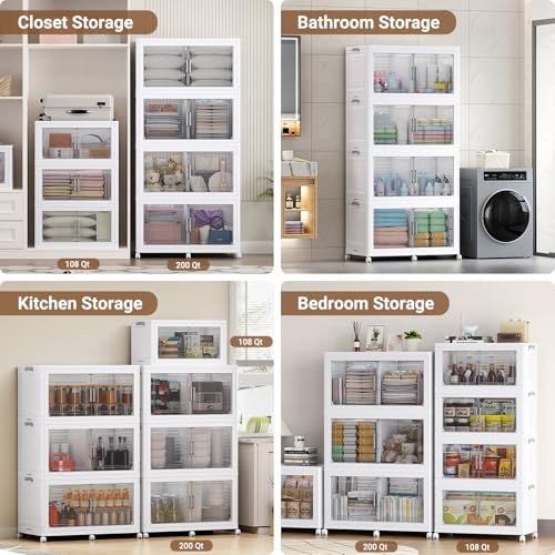 200Gal XL Stackable Storage Bins Foldable Box Cabinet for Room (White / 200QT-4Pack)