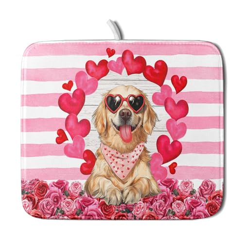 Valentine's Day Dog Dish Drying Mat for Kitchen Counter 16x18 inch Heart Rose Absorbent Dish Drainer Rack Mats for Coffee Bar Countertop (Heart Rose Dog / 16" x 18")