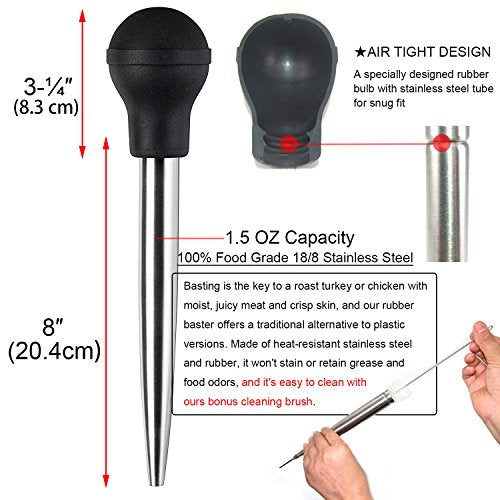Stainless Steel Turkey Baster Commercial Grade Quality Rubber Bulb Including 2 Marinade Injector Needles and Brush for Easy Clean Up