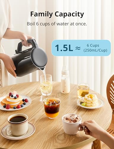 Stainless Steel Double Wall Electric Kettle 1.5L (1.6 Quarts / Metal Black)