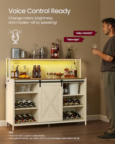 Coffee Bar Buffet Cabinet with LED Light and Power Outlet (With Power Outlet and Light / 14.2"D x 47.2"W x 44.9"H / Rustic White + Honey Brown)