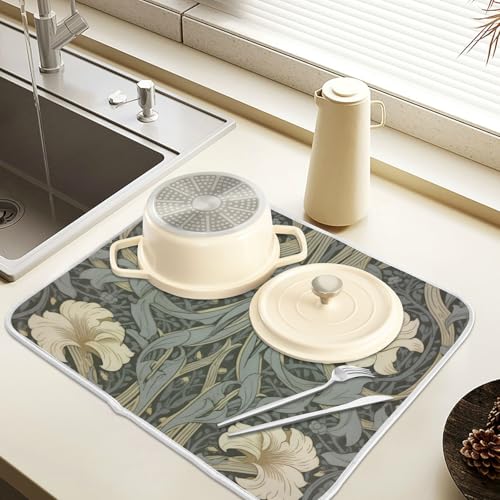 William Morris Flowers Print Dish Drying Mat for Kitchen Counter Absorbent Microfiber Small Drying Pad Dish Mats for Kitchen Countertops 16 x 18 Inch (18" x 16")