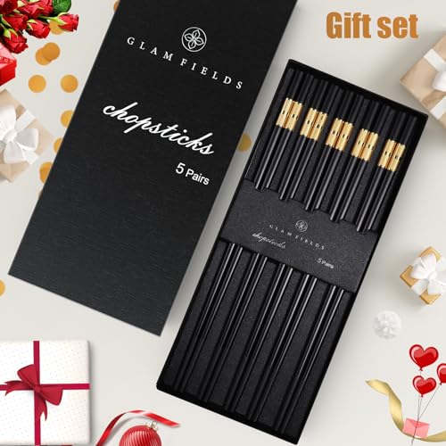 5 Pairs Premium Chopsticks Reusable Dishwasher Safe 9.5 Inch Fiberglass Chop Sticks Gift Set Non Slip Black+Gold (Black + Gold)
