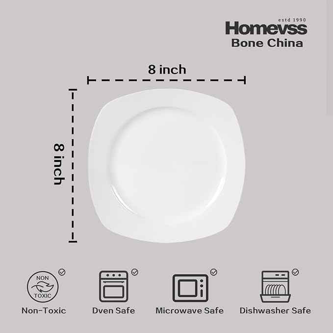 HomeVss, New Bone China Dinnerware Set, Coupe Square Shape, 40pc Set