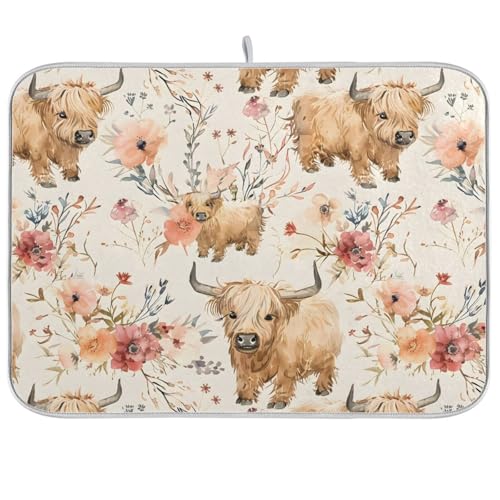 Cute Highland Cows Flowers Dish Drying Mat for Kitchen Counter Absorbent Microfiber Drying Pad (16" x 16")