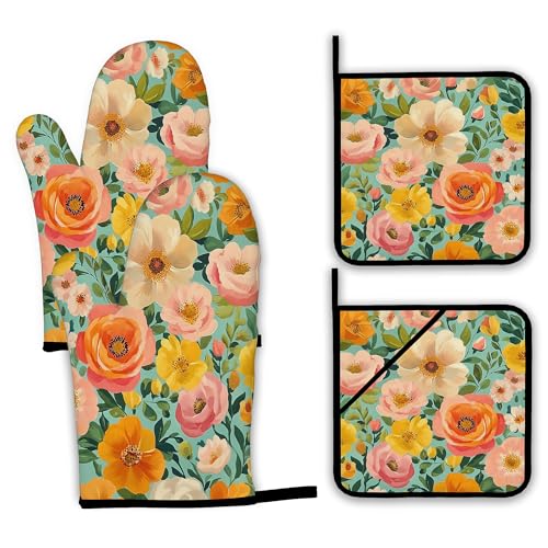 Vintage Pink Poppy Oven Mitts and Pot Holders (4 Count)