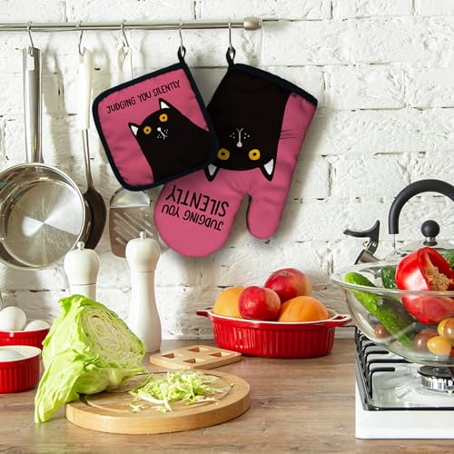 Judging You Silently Funny Heat Resistant Oven Mitts and Pot Holders Set with Silicone Non