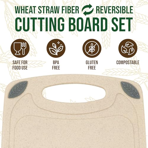 2 Piece Reversible Cutting Board Set Made with Natural Wheat Straw Fiber (Beige)