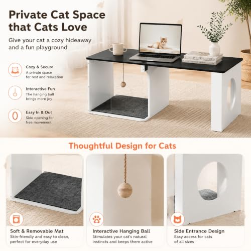 Coffee Table Cat House with Cat Scratcher Pad + Ball (Urban White / 47" with Shelf)