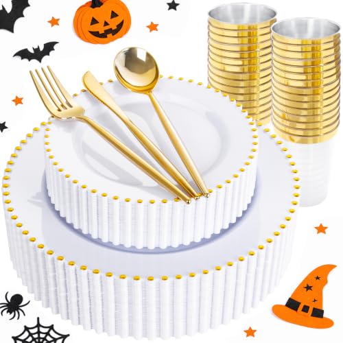 180Pcs White and Gold Dinnerware Set (White and Gold Plastic Dinnerware Set / 180PCS)