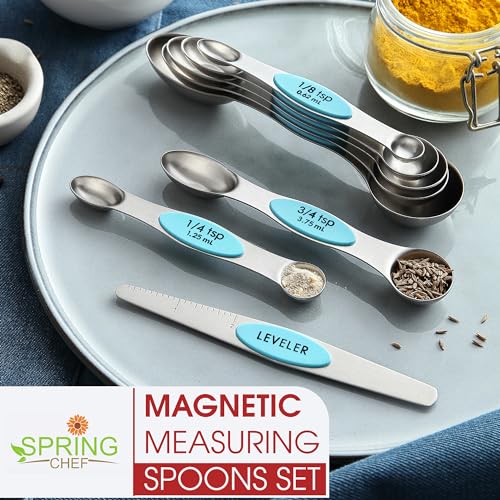 Stainless Steel 8 Magnetic Measuring Spoons (Blue (Aqua Sky) / 2-Pack)
