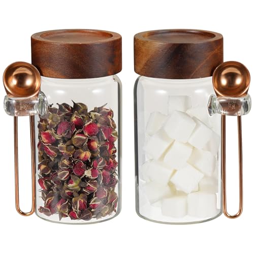 8 oz Small Glass Mason Jars with Scoop Wooden Screw Lid Spice Herb Storage Container Clear Round Glass Food Canister for Seasoning Sugar Tea Coffee Bean Spice Salts Pantry (2×250ml(8.4oz)with scoop)