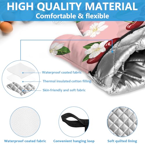 Cherry Oven Mitts and Pot Holders Sets Heat Resistant 4Pcs White Flower Potholders Oven Gloves Hot Pads for Kitchen Baking Cooking Grilling BBQ (Cherry Flower)