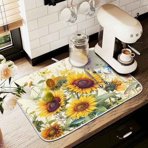 Blooming Sunflowers Dish Drying Mat for Kitchen Counter Absorbent Microfiber Large Drying Pad Dish Mats for Kitchen Countertops 18 x 24 Inch (24" x 18")