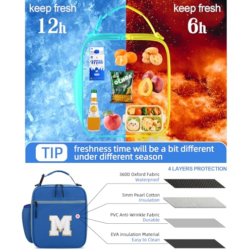 Lunch Box Kids Large Initial Insulated Lunch Bag for Girls (Blue / M)