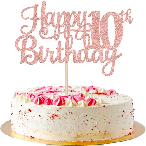 1 PCS Happy 10th Birthday Cake Topper Glitter Cheers to 10 Years Birthday Cake Pick 10 Fabulous Double Digits Cake Decoration for Happy 10th Birthday Theme Party Decorations Supplies Rose Gold (Rose Gold / 10th)