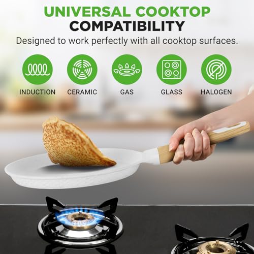 2-Pack Non-Stick Crepe Pan Set – 11” Marble Coated Dosa Pans with Wooden Spreaders, Bakelite and Wood Handles, Induction-Compatible, Easy-to-Clean, Stain-Resistant, White Cream Marble (Cream / 11" (2-Pack))