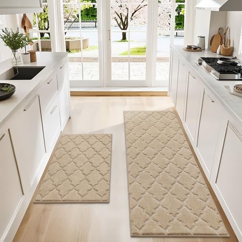 Soft Kitchen Rugs Set of 2 Non Slip 24"x36"+24"x60" (Warm Beige / 24 X 35 "+ 24 X 60 ")
