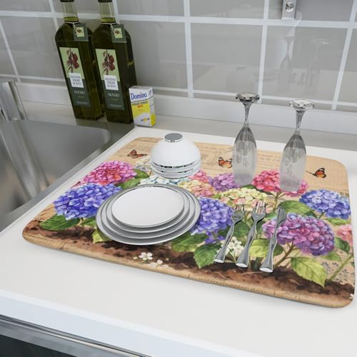 Vintage Flowers Dish Drying Mat Large 24 X18 Hydrangea Microfiber Drying Matt Kitchen Counter (Vintage Hydrangea Brown / 24" x 18")