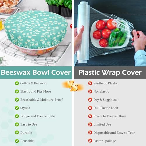 5Pcs Reusable Beeswax Elastic Bowl Covers for Bread Proofing and Food Cover (Green Leaves)