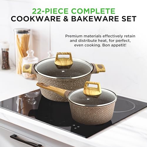 22‑Piece Non‑Stick Ceramic Pots and Pans Set (Maroon Marble / 22pc Set)