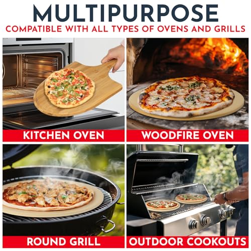 15" Round Pizza Stone for Oven Set 3PCs with Pizza Peel for Oven and Cutter