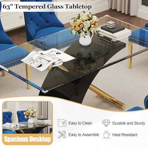 7 Piece Glass Dining Table Set for 6 (Black Table & Gold Blue Chair / 7-Piece Set-X-Shaped Table)