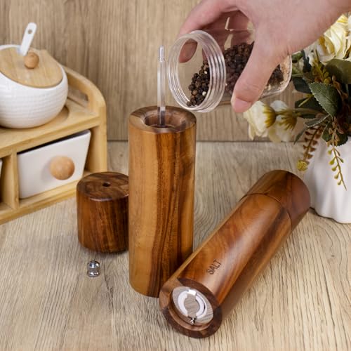 2 Pack Acacia Wooden Salt and Pepper Grinder Set 8 Inches Refillable
