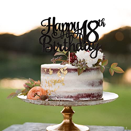 1 PCS Happy 18th Birthday Cake Topper Glitter Cheers to 18 Years Birthday Cake Pick 18 Fabulous Cake Decoration for Happy 18th Birthday Theme Party Decorations Supplies Black (Black / 18th)