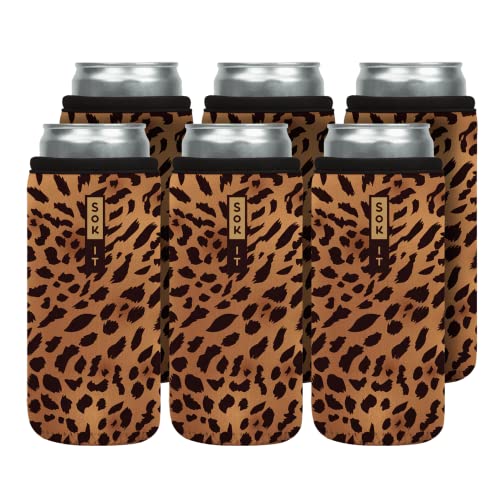 CanSok 6 Pack Sleeve for Beer & Soda Insulated Neoprene Cover (Classic Leopard / 12oz Slim Can Sleeve - 6 Pack)