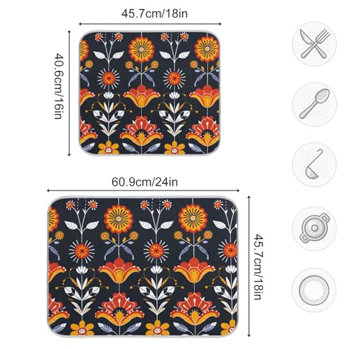 Floral Folk Art Dish Drying Mat for Kitchen Counter Absorbent Microfiber Drying Pad (16" x 18")