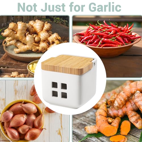 Ceramic Garlic Keeper with Bamboo Lid (White)