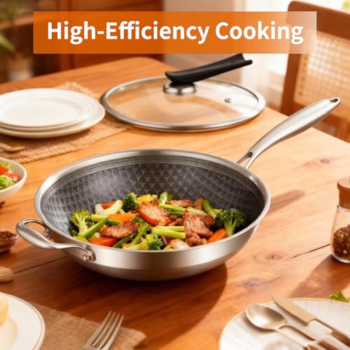 12-Inch Tri-Ply Stainless Steel Nonstick Wok with Lid, Induction (12 Inch/New)