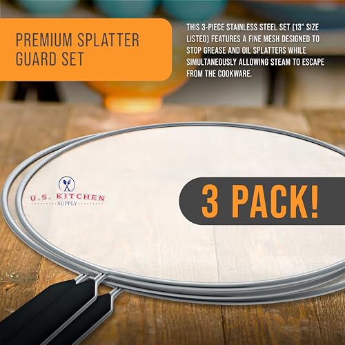 3 Piece Stainless Steel Splatter Guard Set 13" Fine Mesh Cover