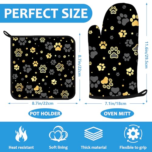 Gold Dog Paw Print Oven Mitts and Pot Holders Sets Heat Resistant 4Pcs Potholders Oven Gloves Hot Pads for Kitchen Baking Cooking Grilling BBQ (Gold Dog Paw Print)