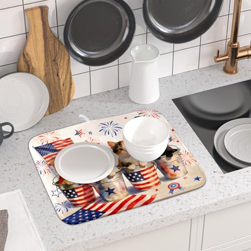 Happy 4th of July Patriotic Dish Drying Mat 16 x 18 In Independence Day Vintage Kitchen Drying Mat (Patriotic Cat White / 18" x 16")