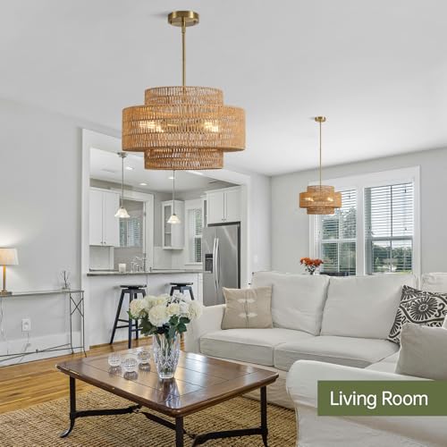 17.7" Rattan Chandelier for Dining Room (Brown / 17.7" 4-Light)