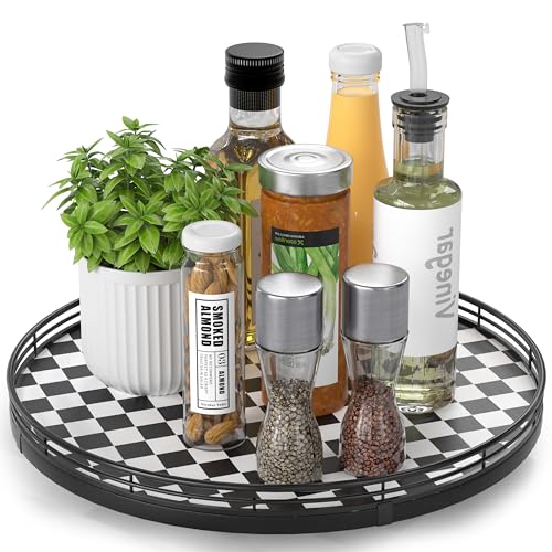 13 Inch Black and White Checkerboard Lazy Susan with Oak Wood Base (Black & White / 13 inches)