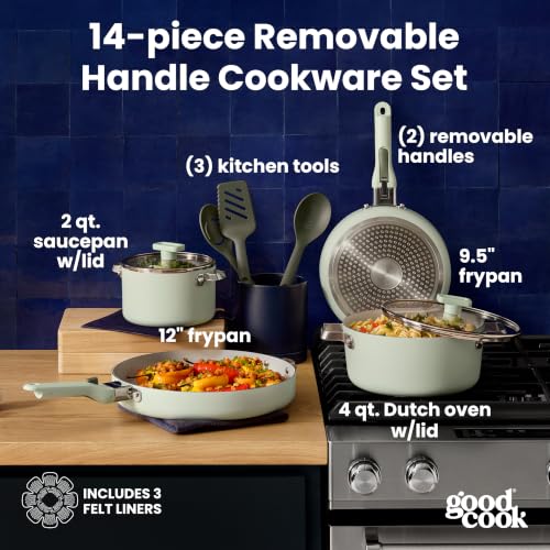 14 Piece Ceramic Cookware Set with Removable Handles (Green)