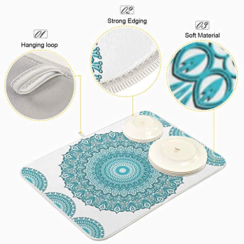 Super Absorbent Dish Drying Mat (Turquoise Mandala / 18" x 24")