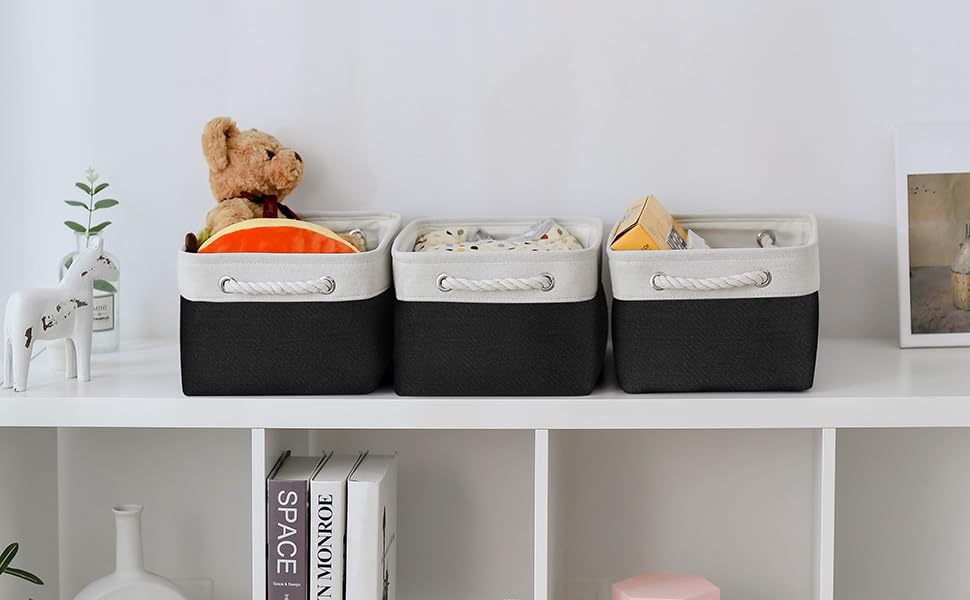 Storage Bins for Shelves (White & Black / Medium -13.8Lx9.8Wx6.7H)