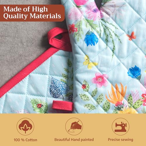100% Cotton Oven Mitt & Pot Holder Set (093 - Jardin D'ete - Mint / 7.5" x 13" & 8" x 8" (Oven Mitt & Pot Holder))