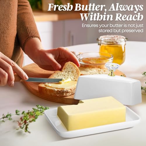 Extra Large Ceramic Butter Dish with Lid & Crystal Handle (White – Crystal Handle / Extra Large)