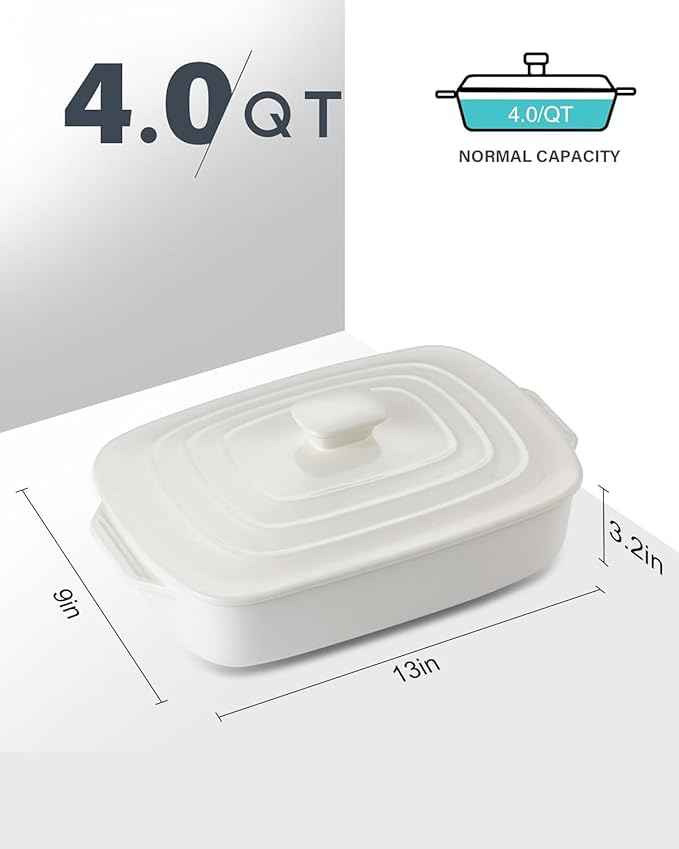 Large Ceramic Casserole Dish with Lid, 4.0 Quart Covered Rectangular Stoneware Baking Dishes for Oven, Deep 9x13 Inch Lasagna Pans for Baking and Serving, Perfect for Christmas Gifts, White