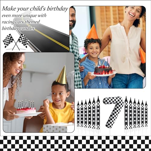 13 Pcs Racing Cars Themed Birthday Candles Black and White Race Number 7 Checkered Candle Cake Topper for Racing Car Party Decoration Supplies (13 Count)